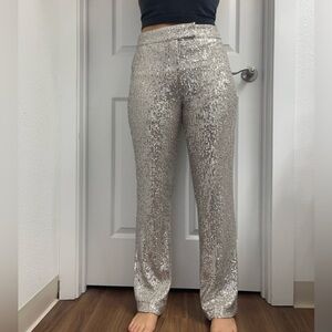 Silver Sequin Straight-Leg Pants